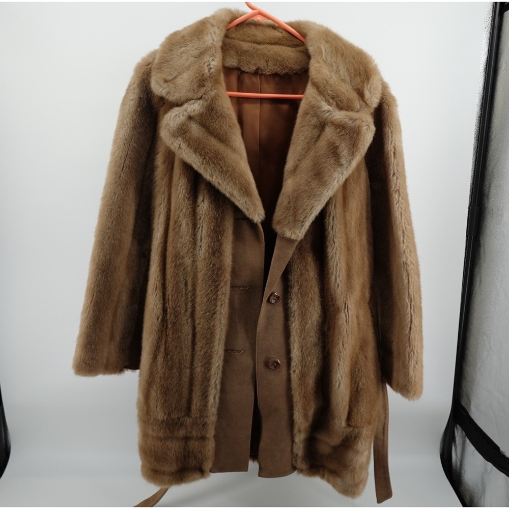 Vintage Furrage Tissavel France Faux Fur Coat Brown Belted Mid Length Jacket